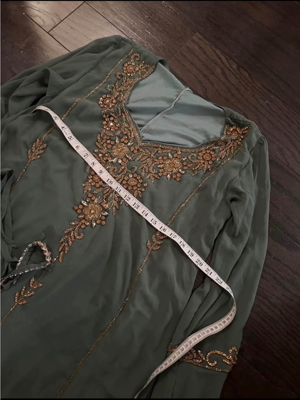 Embellished Olive Green Maxi Dress with Gold Appliqué